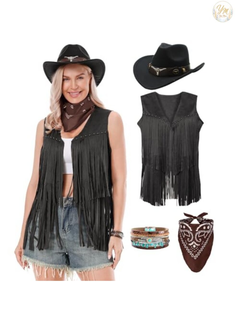 Women's Cowgirl Costume Set Tassel Fringe Vest, Hat, Necklace, Bandana